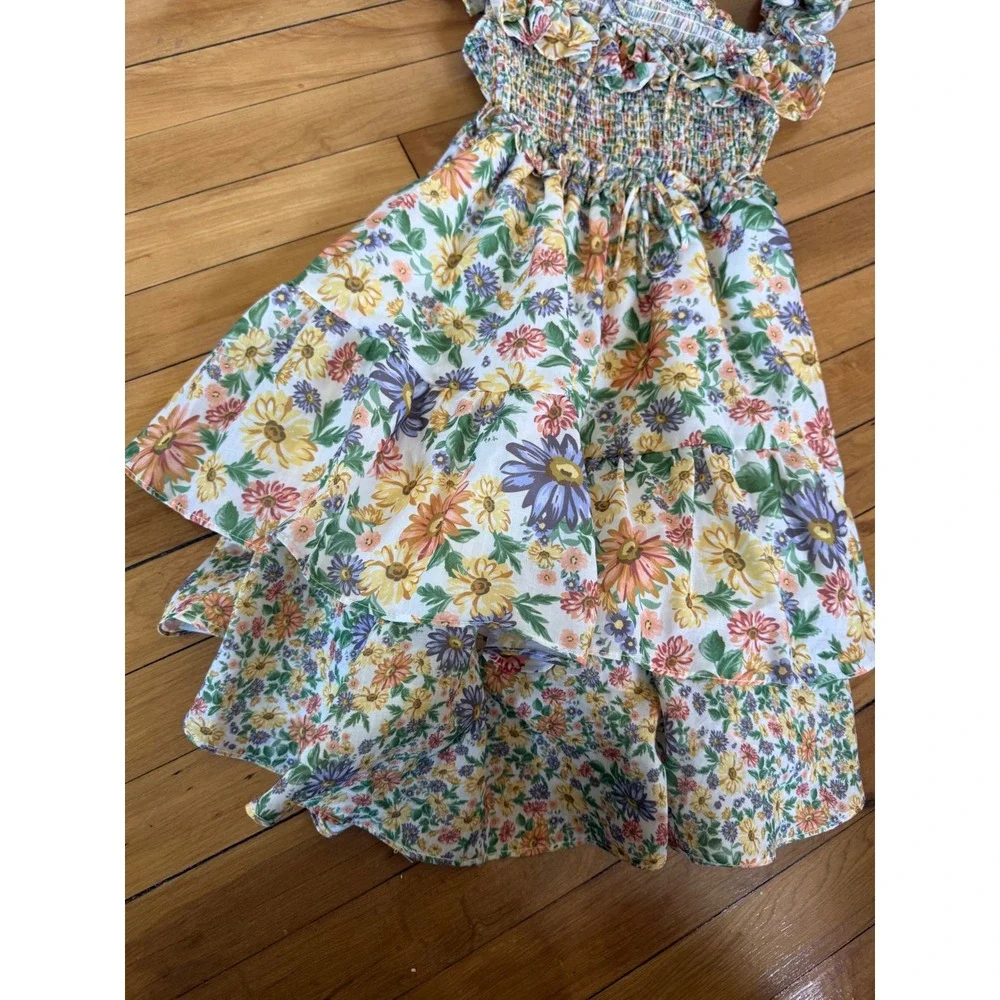 Moonsea blue‎ and yellow floral print high low dress back cut out youth